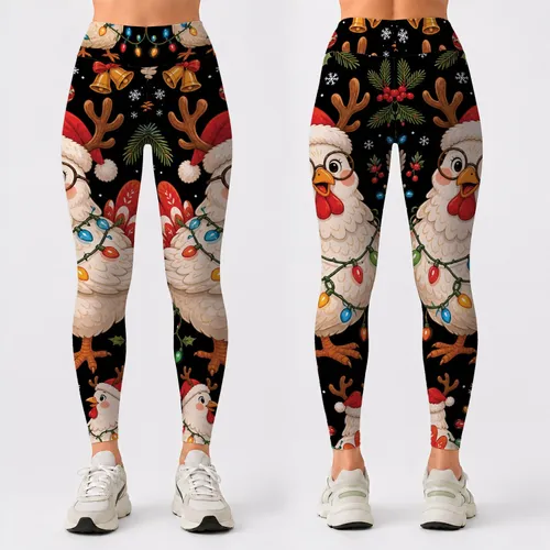 Whimsical Christmas Farm Bird With Lights And Antlers For Cozy Holiday Lounging Nights Leggings