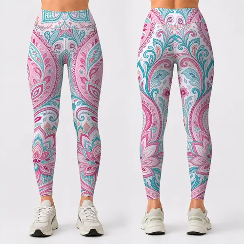 Pastel Boho Paisley Florals With Turquoise Vines For Resort Yoga And Travel Style Leggings