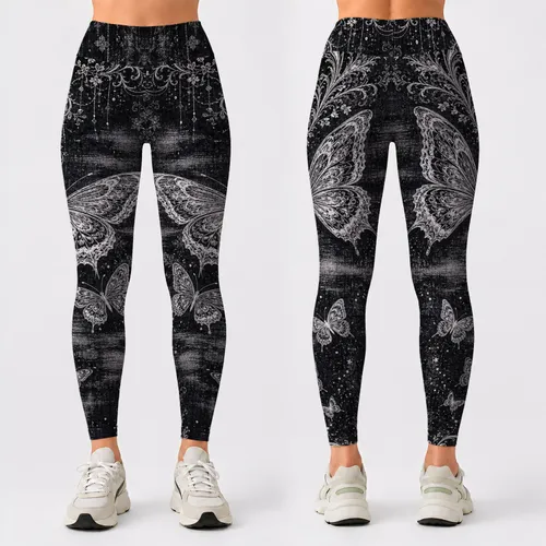 White Butterfly Faux Denim Gothic Romance Monochrome Boutique Festival Style For Her Leggings
