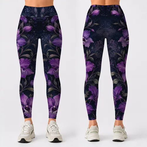 Purple Orchid Vine On Dark Faux Denim For Moody Fall Outfits And Botanical Style Leggings