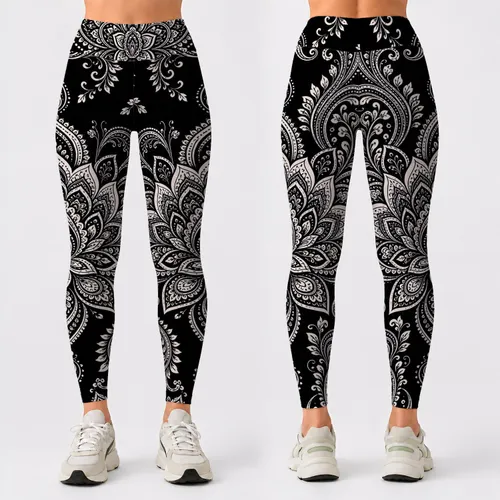 Black Ivory Mandala Floral Henna Paisley Boho Yoga Gym Festival Style Flow For Women Leggings