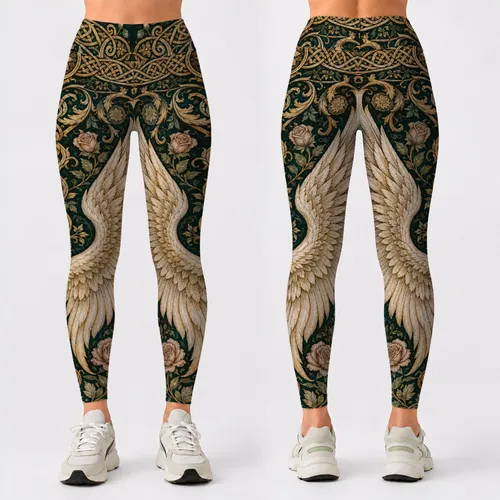 Ivory Angel Wings With Celtic Knots And Gold Baroque Florals For Mystical Outfits Leggings