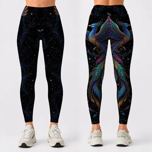 Celestial Firebird Galaxy Feather Motif For Fantasy Festival Yoga And Dance Wear Leggings