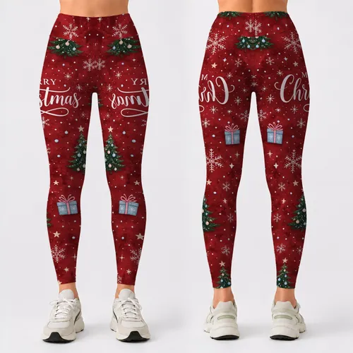 Red Christmas Snowflakes And Evergreen Trees For Women's Cozy Winter Holiday Outfits Leggings