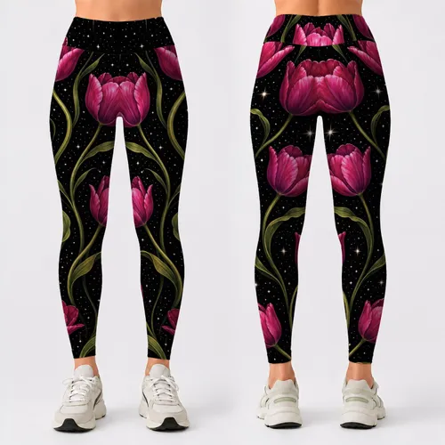 Magenta Tulip Starry Night Floral for Yoga Workouts and Everyday Active Women's Style Leggings