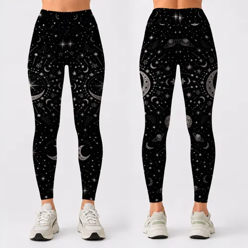 Silver Celestial Moon And Star Night Sky For Everyday Wear, Yoga And Stargazing Women Leggings