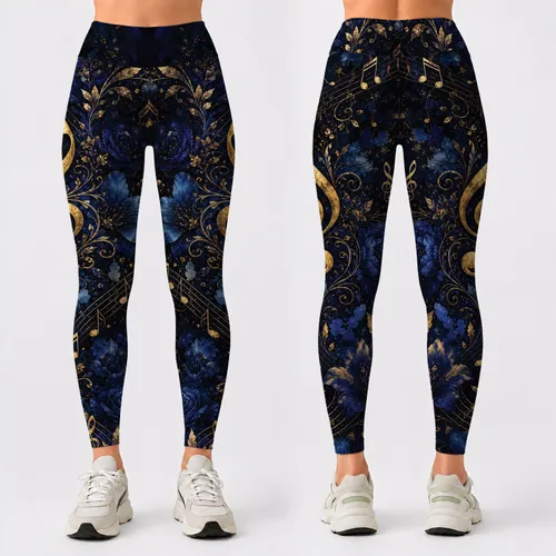 Gold Music Notes And Treble Clefs On Navy Florals For Evening Dance Music Lovers Leggings