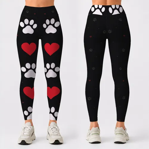 Black White Paw Prints And Scarlet Hearts for Dog Mom Chic Casual Everyday Wear Women Leggings