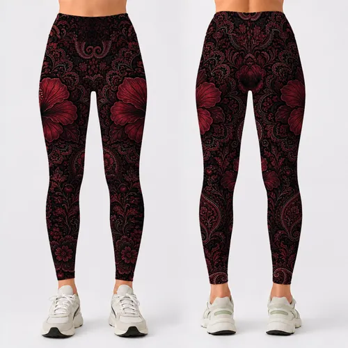 Vintage Gothic Crimson Floral Paisley For Dark Romantic Evening And Daily Wear Women Leggings