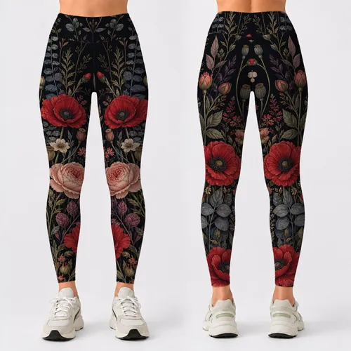 Dark Wildflower Garden For Vintage Travel Style, Festival Looks And Everyday Wear Leggings