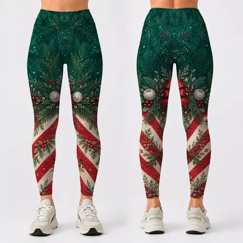 Emerald Pine Garland And Candy Cane Stripes For Christmas Yoga And Winter Workouts Leggings