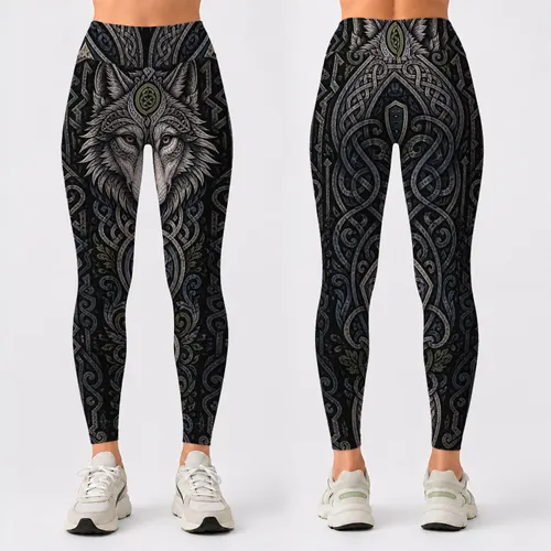 Nordic Wolf Celtic Knotwork High Waist Activewear For Hiking Travel And Yoga Women Leggings