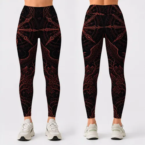 Nordic Raven Celestial Ward Crimson Ornamental Activewear For Yoga And Training Leggings