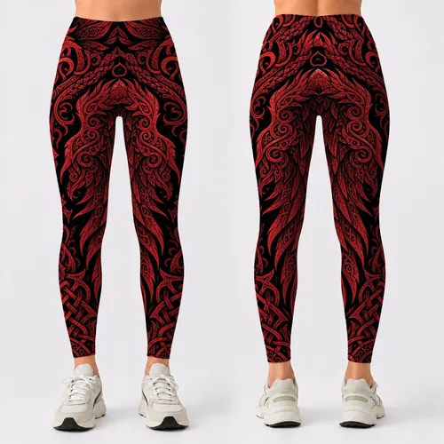 Crimson Viking Angel Wings With Norse Knotwork For Gothic Festival Streetwear Outfits Leggings