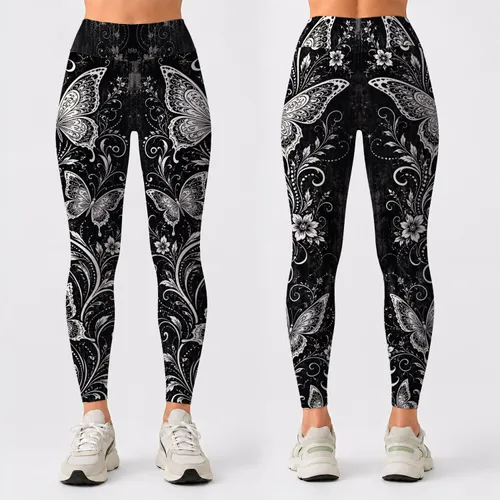 White Butterfly Vine Filigree On Washed Black Denim Style For Chic Streetwear Looks Leggings