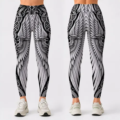 Nordic Raven Valkyrie Wings Black White Viking Yoga Gym Festival Streetwear Women Leggings