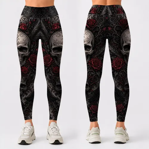 Gothic Skull With Crimson Roses And Raven Wings For Halloween Witchy Goth Outfits Leggings