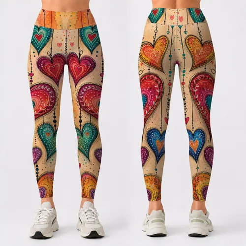 Bohemian Hanging Hearts Watercolor Wash For Romantic Yoga Festival Style Women Outfits Leggings