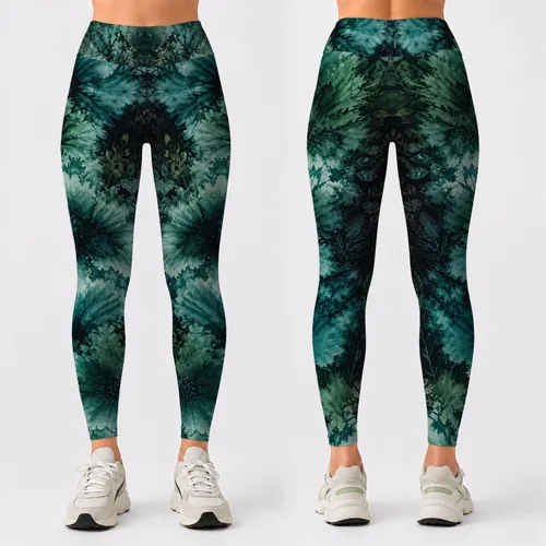 Dark Emerald Teal Botanical Tie Dye For Urban Boho Yoga Lounge Plus Size Outfit Leggings