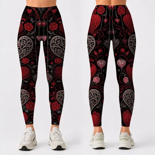 Gothic Valentine Hearts With Silver Filigree Scrolls For Romantic Date Night Style Leggings