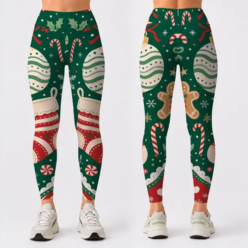 Christmas Ornament Candy Cane Polka Dot Green Red Holiday Yoga Fitness Style For Women Leggings