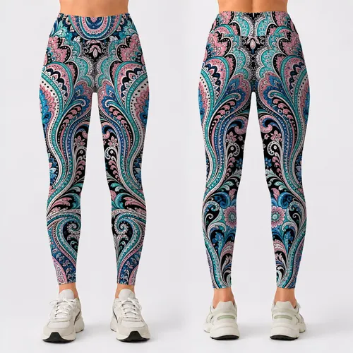 Turquoise Paisley Mandala Boho Resort Vacation Style For Beach Yoga And Travel Wear Leggings