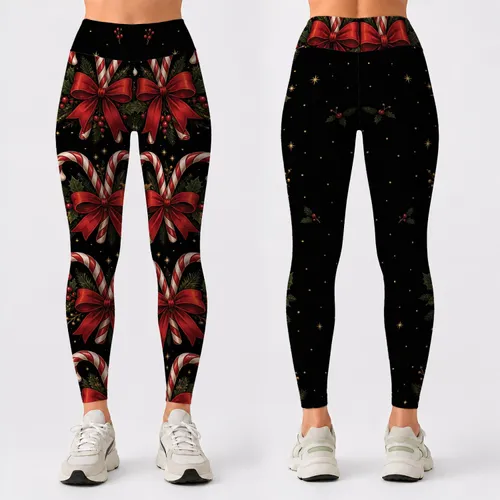 Festive Candy Cane And Holly Bouquet Christmas Holiday Winter Party Outfit For Women Leggings