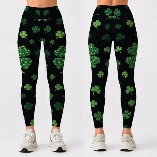Emerald Four Leaf Clover Saint Patrick's Day Party And Festival Wear Outfit For Women Leggings