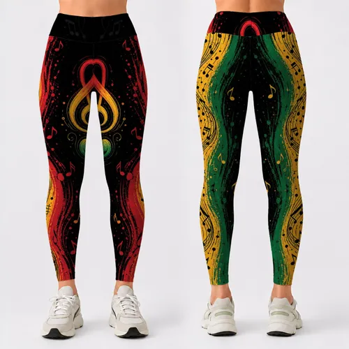 Reggae Music Notes Red Gold Green Stripes For Dance Festivals And Streetwear Women Leggings