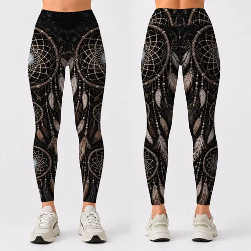 Dark Bohemian Dreamcatcher Feather Motif For Yoga Travel And Everyday Wear Women Leggings