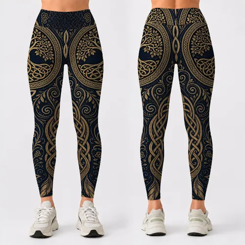 Celtic Tree Of Life Raven Feather Knotwork For Nordic Boho Festival And Yoga Wear Leggings