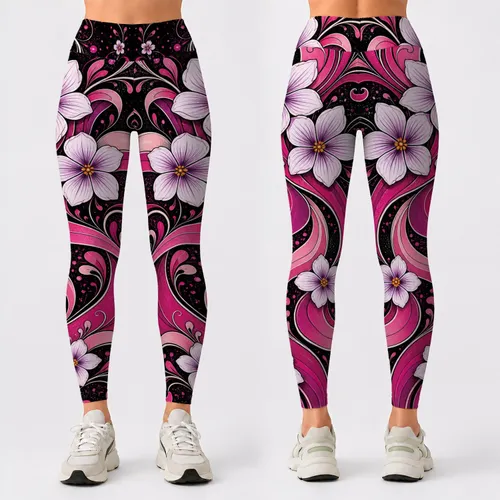 Pink Floral Ribbon Botanical Motif For Yoga Travel And Everyday Wear For Active Women Leggings