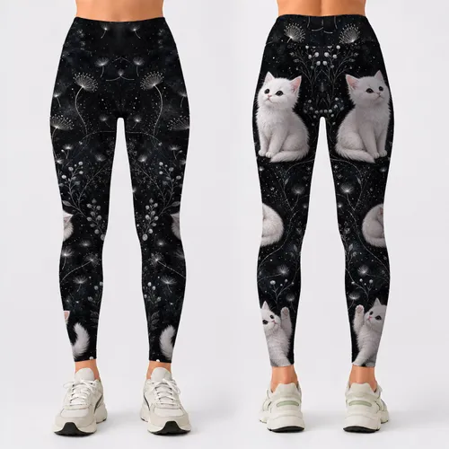 Whimsical White Kittens And Dandelion Seeds For Cozy Winter Everyday Style Cat Lovers Leggings