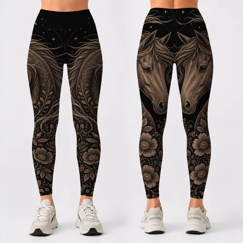 Boho Horse Portrait With Wild Roses And Celestial Accents For Equestrian Yoga Lovers Leggings