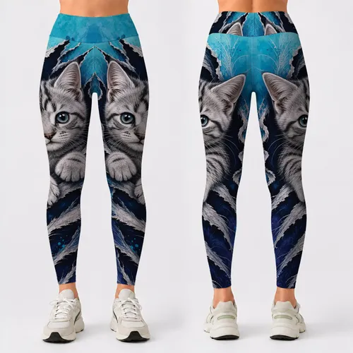 Silver Gray Tabby Kitten Torn Fabric Cobalt Aqua Festival Yoga Style For Cat Lovers Leggings