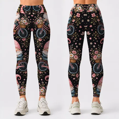 Whimsical Garden Gnome Bicycle Floral Cottagecore Daily Yoga Outfit Aesthetic For Women Leggings