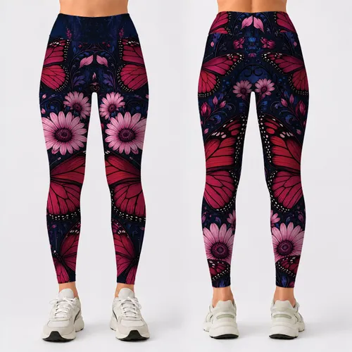 Raspberry Butterfly Floral On Midnight Indigo Wash For Yoga Studio Streetwear Women Leggings