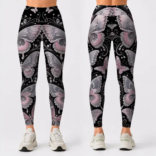 Black Silver Butterfly Pearl Rhinestone Glamour For Parties Office And Evening Wear Leggings