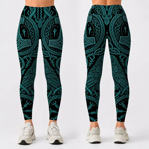 Nordic Raven Thor Hammer Teal Black Viking Knotwork For Occult Streetwear Looks Leggings