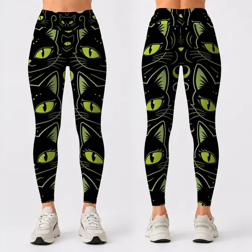 Neon Lime Cat Eyes And Black Cat Faces For Spooky Cute Yoga Gym Streetwear Women Leggings