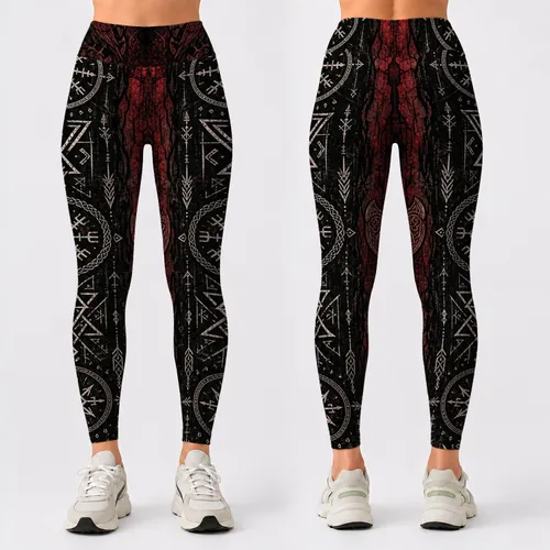 Dark Nordic Rune Sigils With Crimson Viking Motifs For Gothic Streetwear And Festivals Leggings