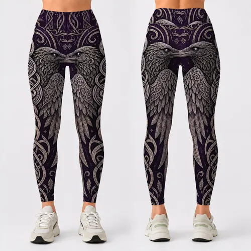 Nordic Raven Guardian Celtic Knot Emblem For Gothic Viking Festival Style Women Outfit Leggings