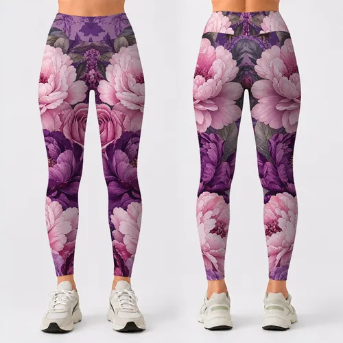 Romantic Pink Lavender Peony Roses Botanical Yoga Studio Athleisure Style For Women Leggings