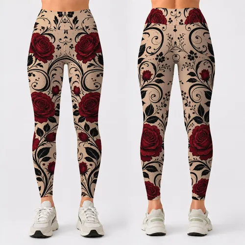 Black Vine Scrolls With Crimson Roses On Champagne Beige For Boutique Evening Style Leggings