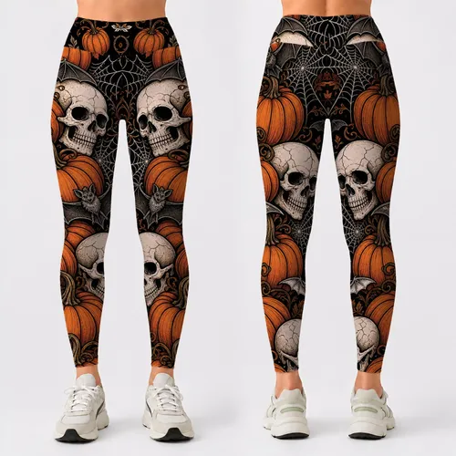 Spooky Pumpkin Skull Bat Halloween All Over Look For Autumn Parties And Gothic Style Leggings