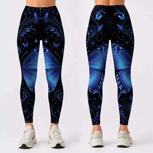 Electric Blue Butterfly Midnight Glow For Spring Summer Yoga And Festival Style Outfits Leggings