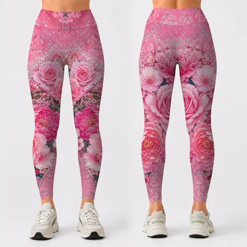 Pink Floral Heart Roses And Peonies For Romantic Spring Outfits And Feminine Style Leggings