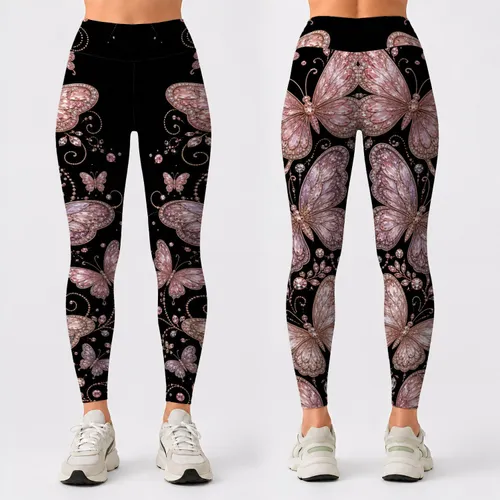 Pink Gemstone Butterflies For Dressy Evenings, Events And Everyday Women's Style Leggings