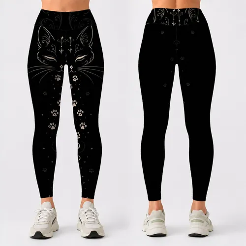 Midnight Black Minimalist Cat Face Paw Moon Motifs For Casual Everyday Wear Women Leggings