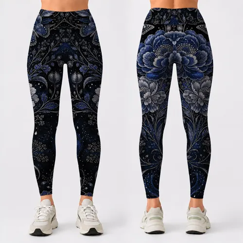 Midnight Blue Peony And Butterfly Floral For Evening Yoga, Travel And Everyday Wear Leggings